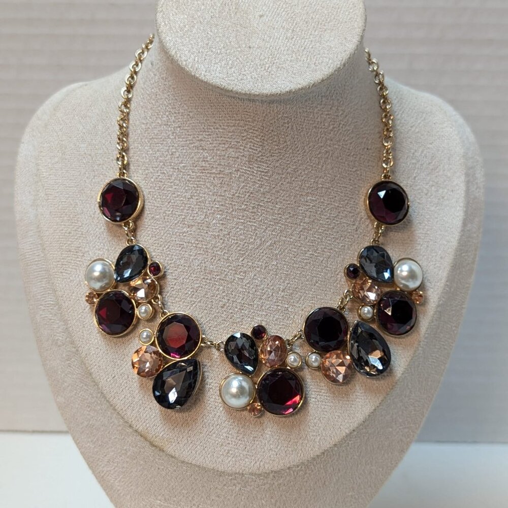 Gorgeous Gold Tone Rhinestone Faux Pearl Choker Necklace Burgundy Gray Peach - Picture 9 of 10
